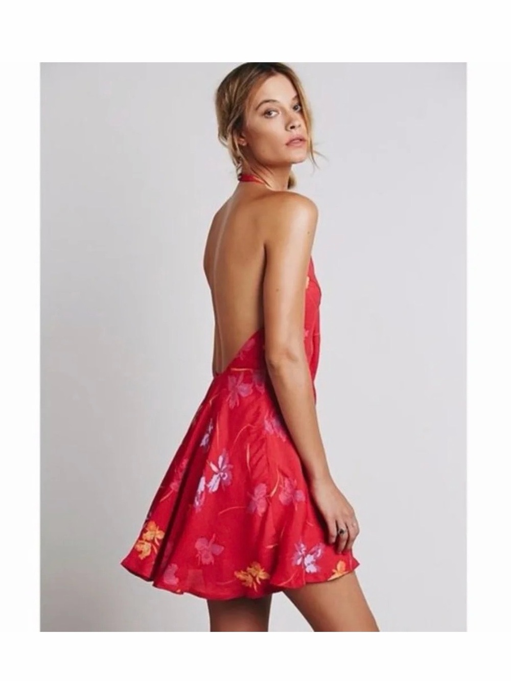 Free People Like A Flirt Floral Backless Halter Mini SunDress, Size XS